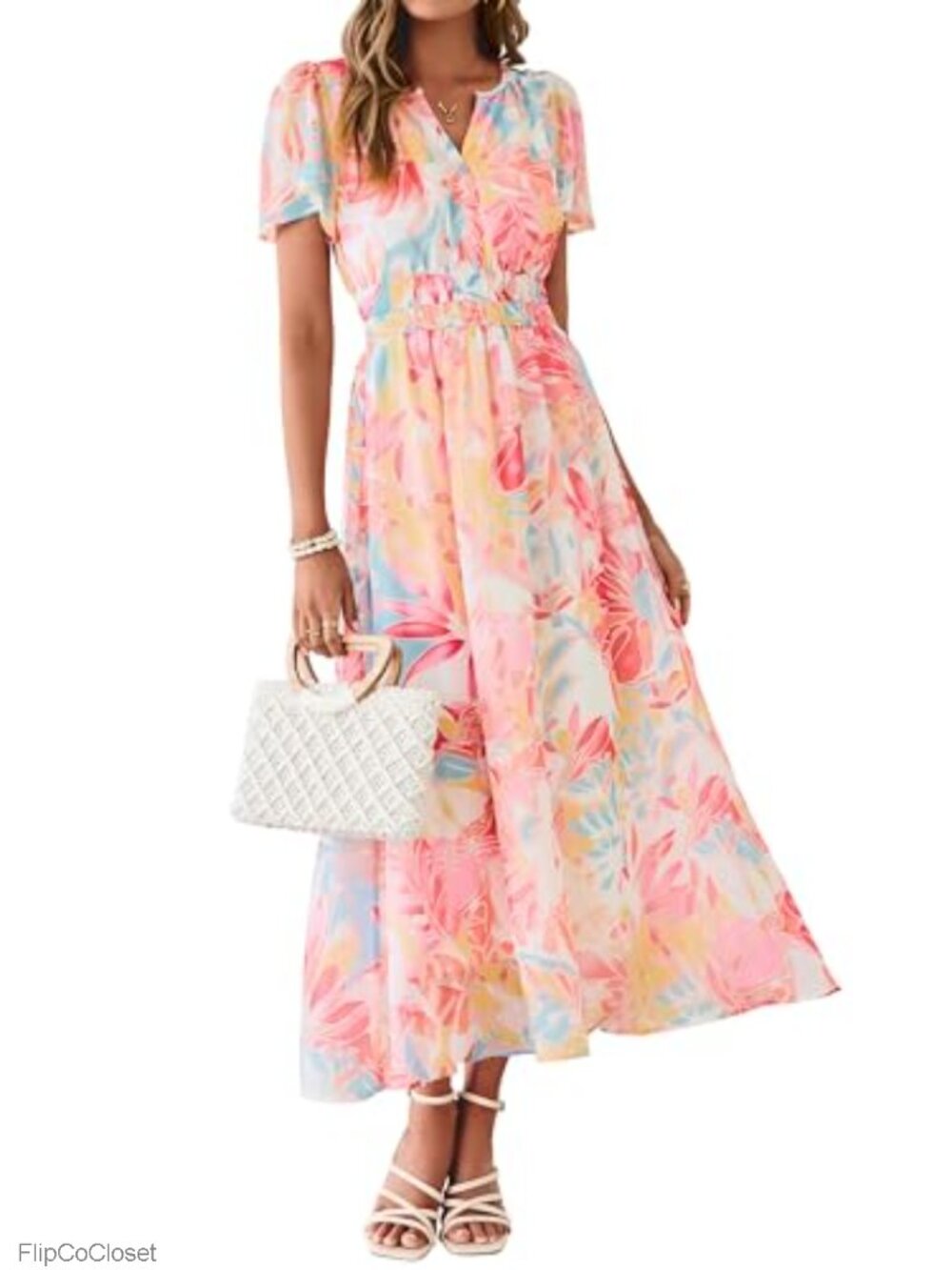 Women Floral Chiffon Maxi Dress Boho V-Neck Short Sleeve Beach Wedding Guest